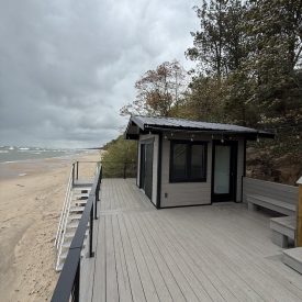 Composite beach deck with cabana on the Lake Michigan shoreline, composite deck builders West Michigan