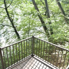 Composite deck platform with black aluminum railing on a wooded bluff, Lake Michigan composite deck builders