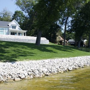 Riprap stone shoreline protection along a lakefront lawn, West Michigan seawall and erosion control