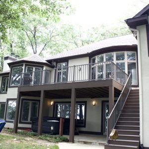 Two-level composite deck and stairs on a lakefront home, West Michigan composite deck builders