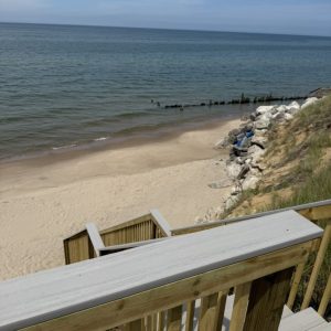 Wooden beach access stairs down the dune to Lake Michigan, wooden stair builders West Michigan