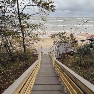 Wooden stairs down the dune to the Lake Michigan beach, wooden stair builders West Michigan